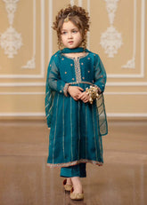 Modest - Embroidered Chiffon Suit For Girl - Teal Blue - 3 Piece