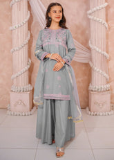 Modest - Cotton Lawn Embroidered Sharara For Girl - Grey - 3 Piece