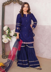 Modest - Chiffon Embroidered Gharara Suit For Girl - Blue - 3 Piece