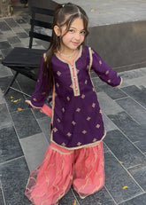 Modest - Rawsilk Embroidered Gharara For Girl - Purple - 3 Piece