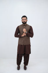 AlifYay Brown Kurta Shalwar & Waistcoat - AY-021 - Blended - 3 Piece