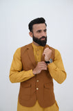 AlifYay Golden Mustard Shalwar Kameez & Rust Brown Waistcoat - AY-049 - Blended - 3 Piece