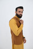 AlifYay Golden Mustard Shalwar Kameez & Rust Brown Waistcoat - AY-049 - Blended - 3 Piece