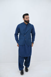AlifYay Blue Kurta Shalwar & Waistcoat - AY-020 - Blended - 3 Piece
