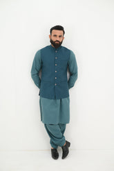 AlifYay Teal Blue Kurta Shalwar and Waistcoat - AY-024 - Blended - 3 Piece