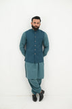 AlifYay Teal Blue Kurta Shalwar and Waistcoat - AY-024 - Blended - 3 Piece