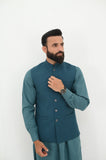 AlifYay Teal Blue Kurta Shalwar and Waistcoat - AY-024 - Blended - 3 Piece