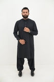 AlifYay Charcoal Black Kurta Shalwar & Navy Blue Waistcoat - AY-022 - Blended - 3 Piece