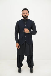 AlifYay Charcoal Black Kurta Shalwar & Navy Blue Waistcoat - AY-022 - Blended - 3 Piece