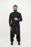 AlifYay Charcoal Black Kurta Shalwar & Navy Blue Waistcoat - AY-022 - Blended - 3 Piece