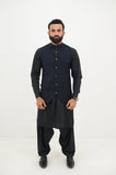 AlifYay Charcoal Black Kurta Shalwar & Navy Blue Waistcoat - AY-022 - Blended - 3 Piece