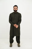 AlifYay Olive Green Kurta Shalwar & Navy Mustard Green Waistcoat - AY-023 - Blended - 3 Piece