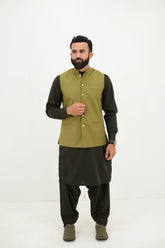 AlifYay Olive Green Kurta Shalwar & Navy Mustard Green Waistcoat - AY-023 - Blended - 3 Piece