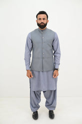 AlifYay Grey Kurta Shalwar and Waistcoat - AY-027 - Blended - 3 Piece
