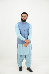 AlifYay Sky Blue Kurta Shalwar and Steel Blue Waistcoat - AY-025 - Blended - 3 Piece