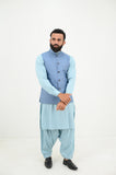 AlifYay Sky Blue Kurta Shalwar and Steel Blue Waistcoat - AY-025 - Blended - 3 Piece