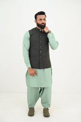 AlifYay Mint Green Kurta Shalwar and Olive Green Waistcoat - AY-026 - Blended - 3 Piece