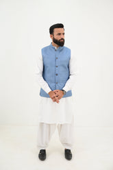 AlifYay White Kurta Shalwar & Sky Blue Waistcoat - AY-029 - Blended - 3 Piece