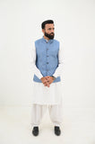 AlifYay White Kurta Shalwar & Sky Blue Waistcoat - AY-029 - Blended - 3 Piece