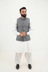 AlifYay White Kurta Shalwar & Grey Waistcoat - AY-031 - Blended - 3 Piece