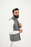 AlifYay White Kurta Shalwar & Grey Waistcoat - AY-031 - Blended - 3 Piece