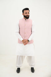 AlifYay White Kurta Shalwar & Pastle pink Waistcoat - AY-032 - Blended - 3 Piece