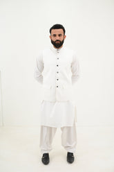 AlifYay White Kurta Shalwar & White Waistcoat - AY-033 - Blended - 3 Piece
