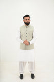 AlifYay White Kurta Shalwar & sage green Waistcoat - AY-034 - Blended - 3 Piece
