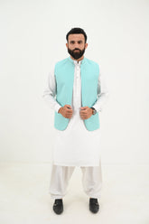 AlifYay White Kurta Shalwar & sky blue Waistcoat - AY-036 - Blended - 3 Piece