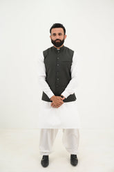 AlifYay White Kurta Shalwar & Charcoal Black Waistcoat - AY-037 - Blended - 3 Piece
