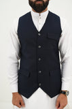 AlifYay White Kurta Shalwar & Deep Navy Blue Waistcoat - AY-040 - Blended - 3 Piece