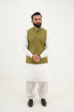 AlifYay White Kurta Shalwar & Olive Green Waistcoat - AY-041 - Blended - 3 Piece