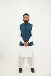 AlifYay White Kurta Shalwar & Teal Blue Waistcoat - AY-042 - Blended - 3 Piece