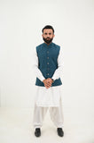 AlifYay White Kurta Shalwar & Teal Blue Waistcoat - AY-042 - Blended - 3 Piece