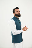 AlifYay White Kurta Shalwar & Teal Blue Waistcoat - AY-042 - Blended - 3 Piece