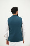 AlifYay White Kurta Shalwar & Teal Blue Waistcoat - AY-042 - Blended - 3 Piece