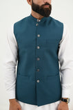 AlifYay White Kurta Shalwar & Teal Blue Waistcoat - AY-042 - Blended - 3 Piece