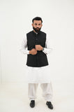 AlifYay White Kurta Shalwar & Textured Black Waistcoat - AY-043 - Blended - 3 Piece