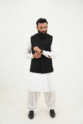 AlifYay White Kurta Shalwar & Sleek Black Waistcoat - AY-044 - Blended - 3 Piece