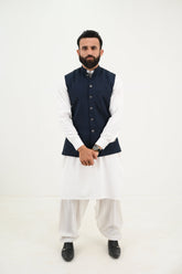 AlifYay White Kurta Shalwar & Deep Navy Blue Waistcoat - AY-045 - woolen - 3 Piece