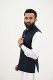 AlifYay White Kurta Shalwar & Deep Navy Blue Waistcoat - AY-045 - woolen - 3 Piece
