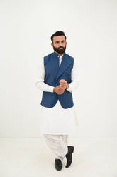 AlifYay White Kurta Shalwar & Royal Blue Waistcoat - AY-046 - blended - 3 Piece