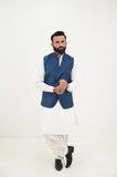 AlifYay White Kurta Shalwar & Royal Blue Waistcoat - AY-046 - blended - 3 Piece