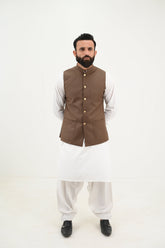 AlifYay White Kurta Shalwar & Brown Waistcoat - AY-048 - Blended - 3 Piece