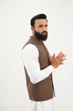 AlifYay White Kurta Shalwar & Brown Waistcoat - AY-048 - Blended - 3 Piece
