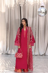 Musferah Saad - Cherry Wine - Magenta - Tissue Silk, Kimkhab & Net - 3 Piece