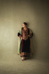 Shehrnaz - Eloria Plum Velvet Long Shirt Set - SHK-1599 - Plum - velvet - 3 Piece