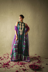 Shehrnaz - Seren Emerald-Purple Silk Kaftan - SHK-1582 - Emerald Green - Pure Medium Silk - 3 Piece