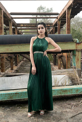 Syah - Halterneck Pleated Dress - Silk - Emerald Green - 1 Piece