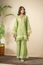 Shamaeel - Olive Bloom Khaadi Silk Suit For Women - Green & Ivory - 3 Piece